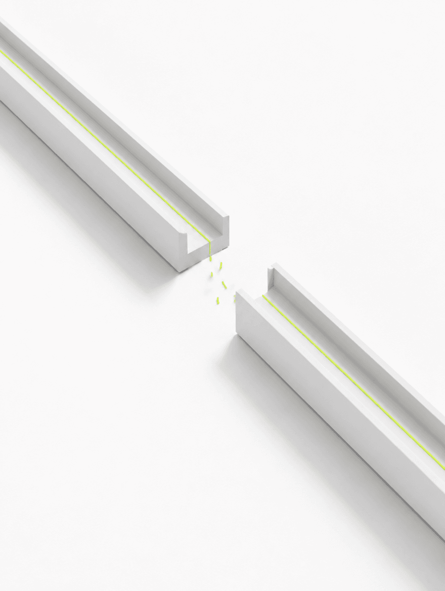 Two white channels with a lime line running through them, broken by a gap where the light falls away